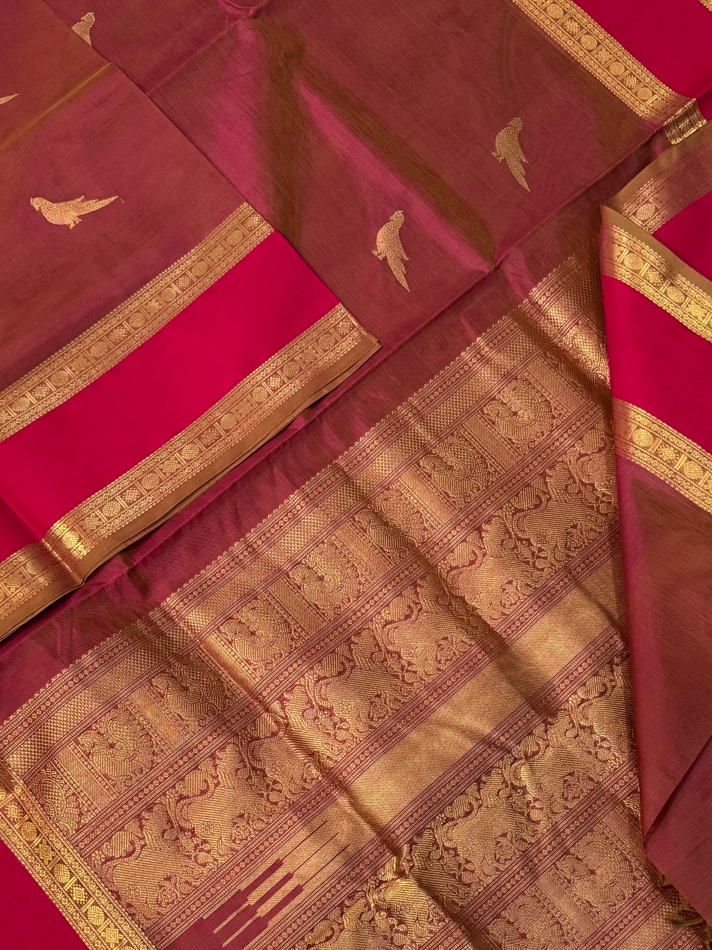 Kanchi Silk Cotton Sarees | killi motifs | dual pink x gold | rettaipet border