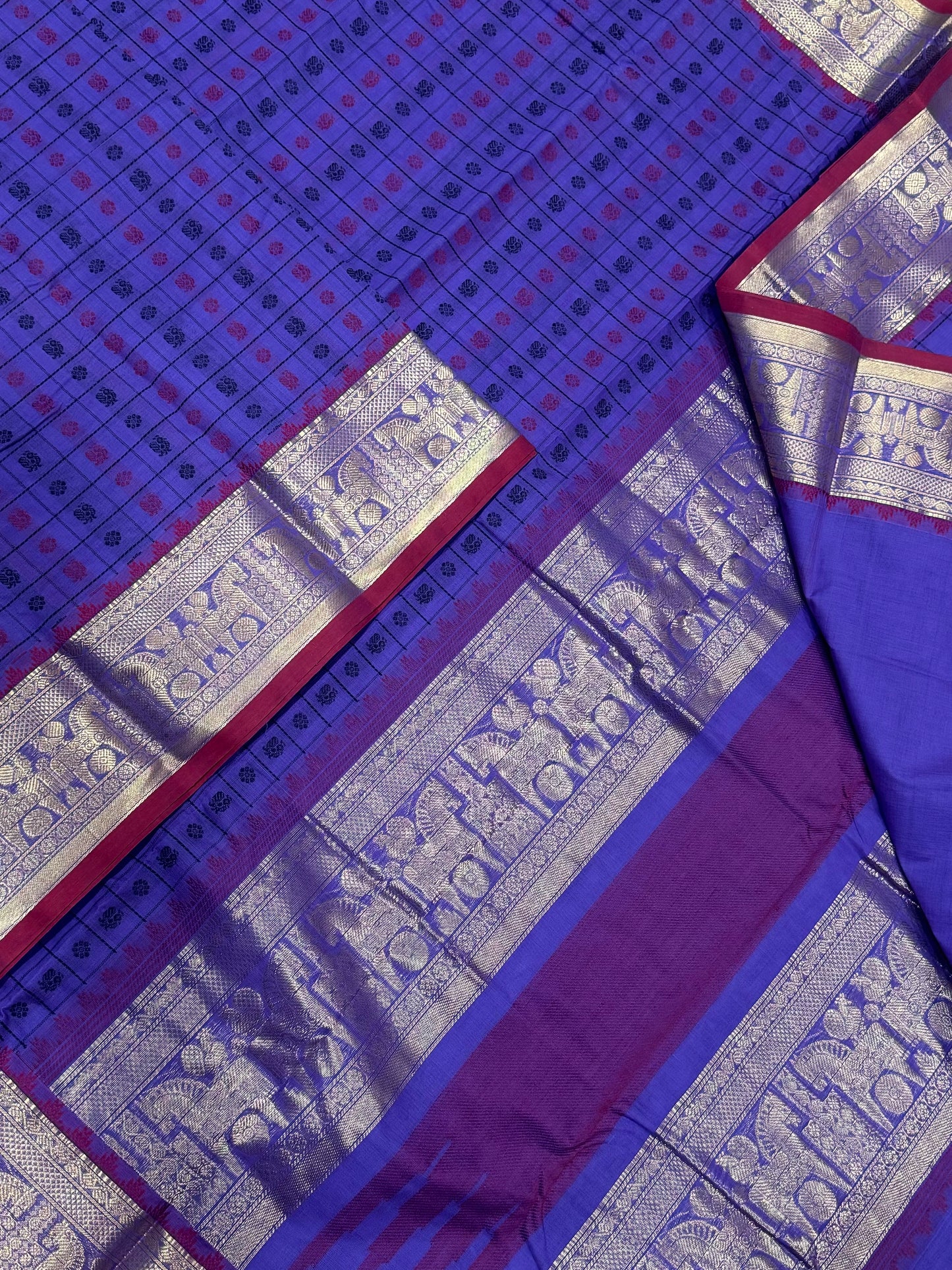 Pure Handloom Kanchi rich Cotton Saree | thread woven X 1000 BUTTA |violet X orange | intricate rich Zari woven Pallu & borders