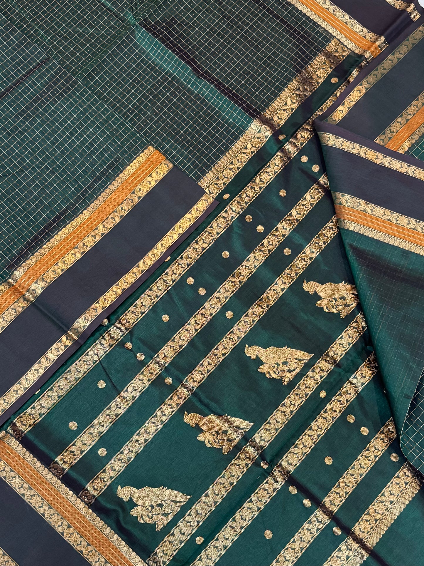 Kanchi Silk Cotton Sarees | 1000 BUTTA x killi pallu | dark green X mustard | NKV31