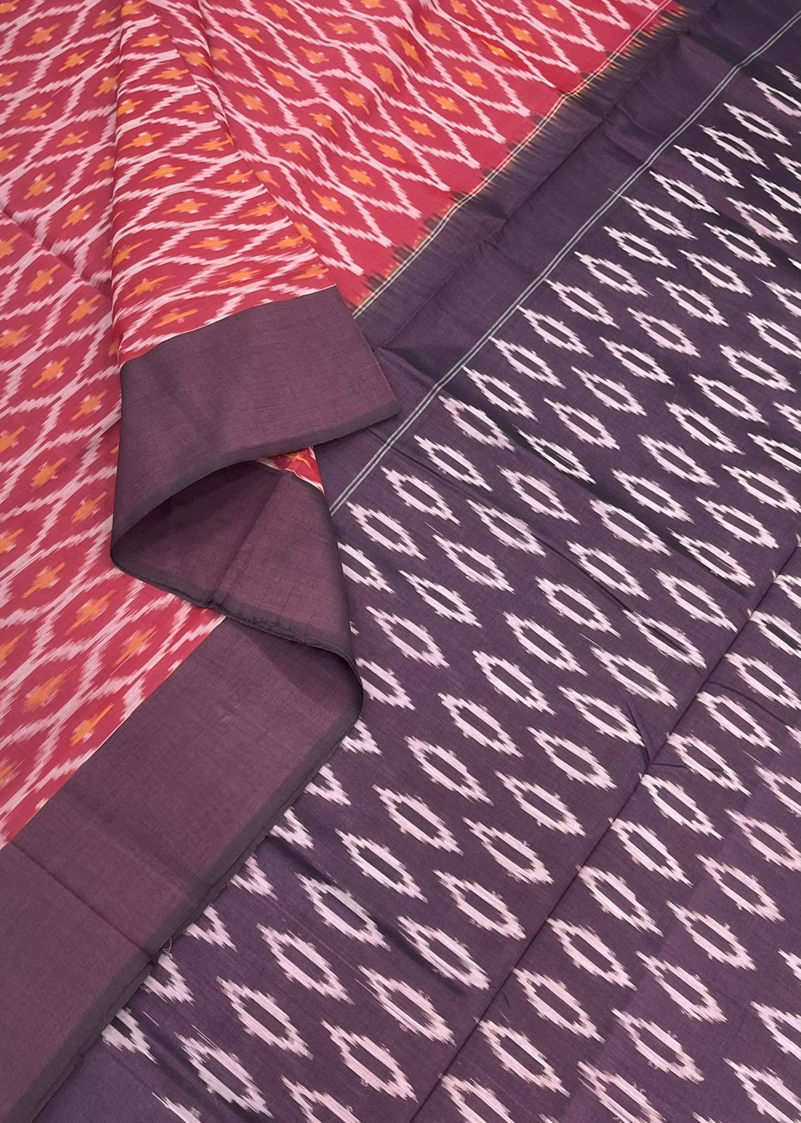 Mercerised pure soft cotton | double ikkat | cherry red x Violet