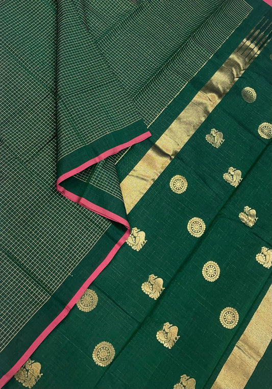 Kanchi handloom rich cotton | muthukattam X zari woven Pallu | bottle green x pink
