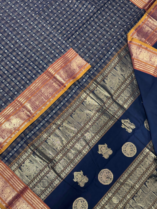 Pure Handloom Kanchi rich Cotton Saree | 1000 butta X  zari | black X mustard | intricate rich zari woven Pallu