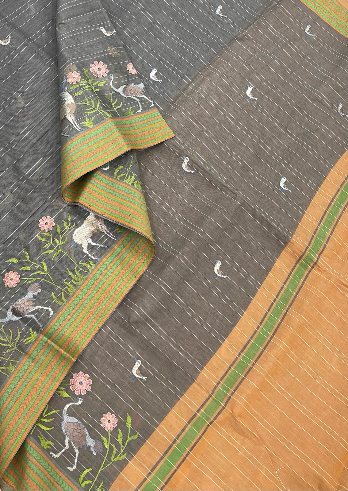 Kadhi soft Cotton | grey x orange | thread border X embroidery