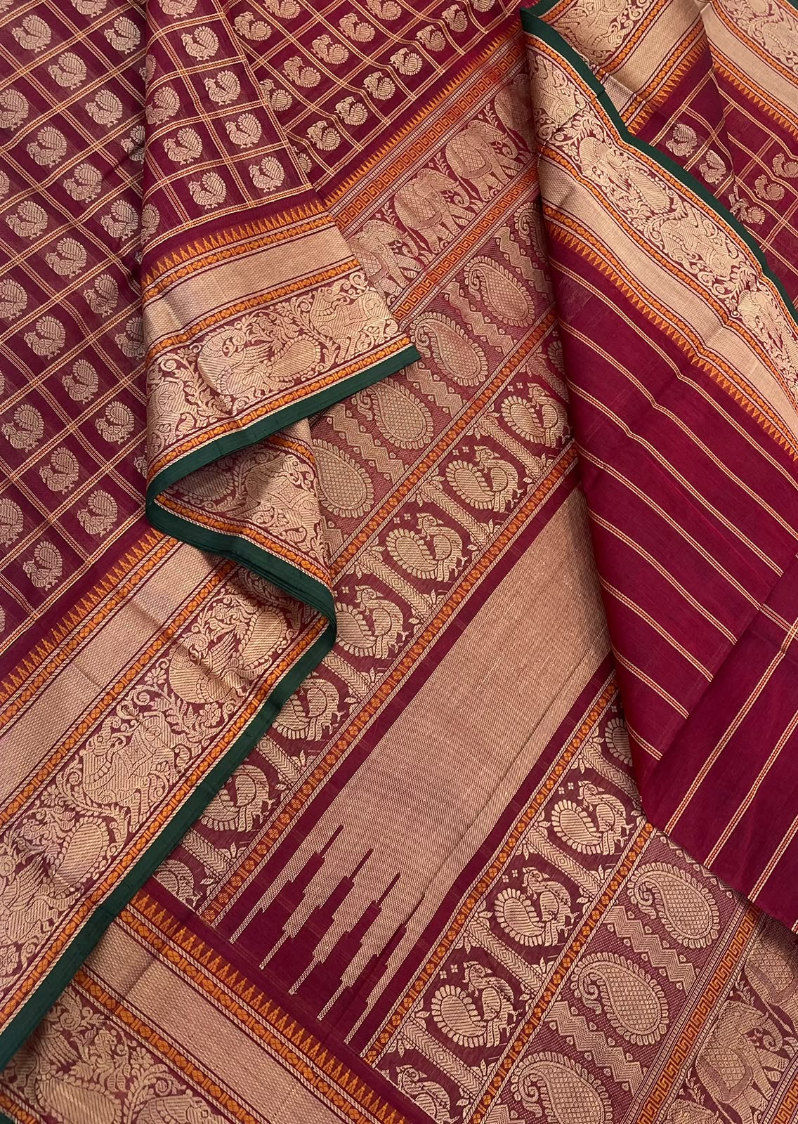 Pure Handloom Kanchi rich Cotton Saree | marron x manjal | 1000 mayil butta x thread border