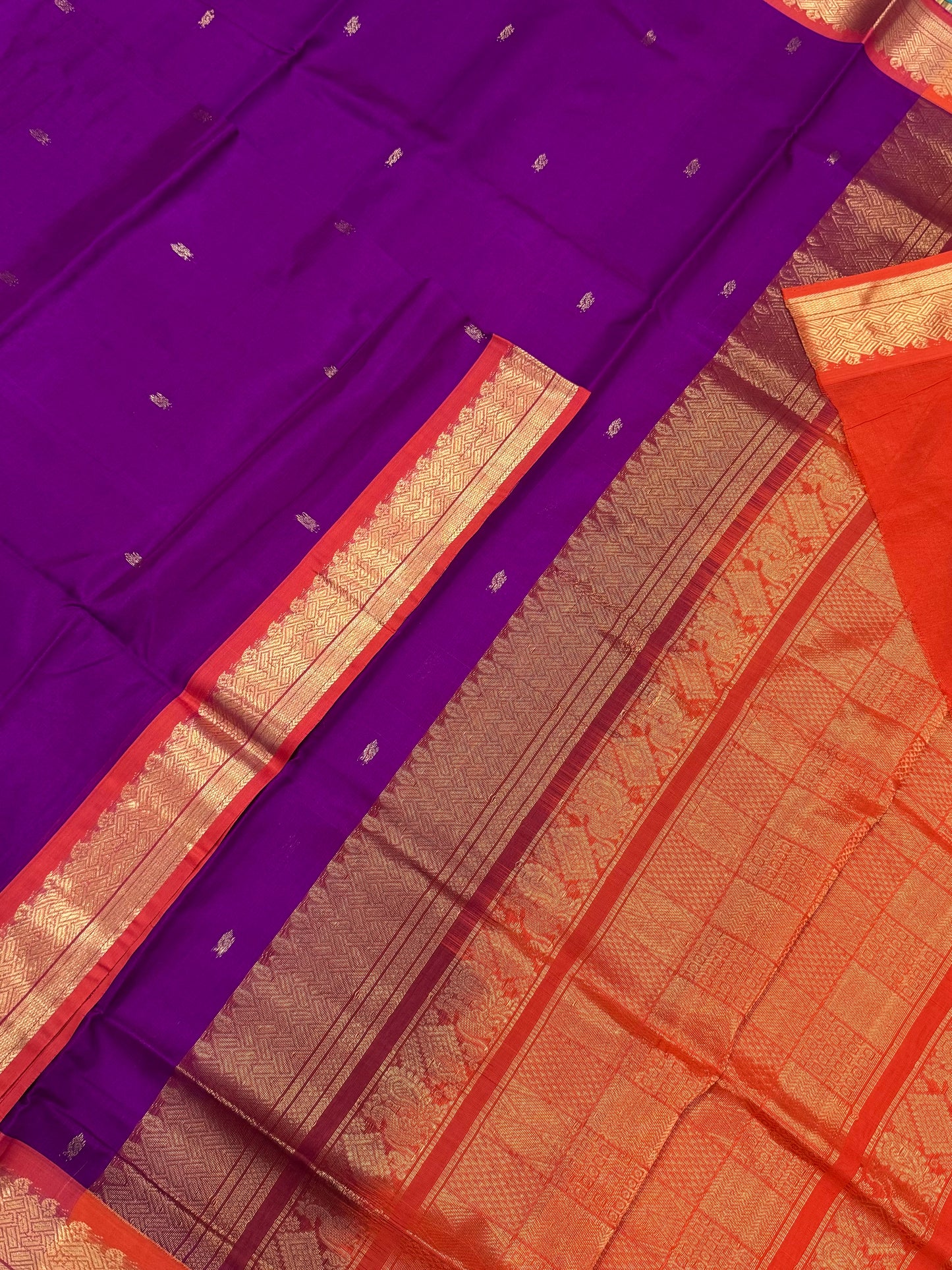 Kanchi Silk Cotton Sarees | rich zari border X tiny motif|vadamalli X orange