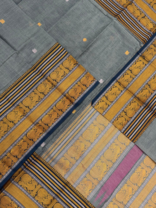 Pure Handloom Kanchi rich Cotton Saree | grey | intericate weave mayil border