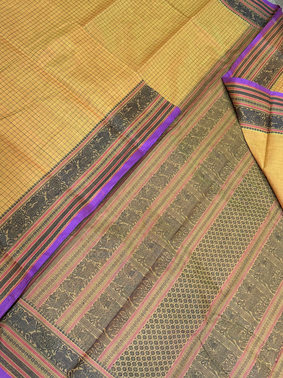 Pure Handloom Kanchi rich Cotton Saree | kattam X thread woven pallu | yellow X Violet