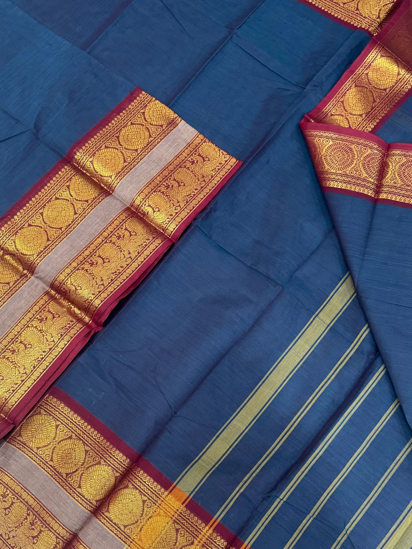 Kanchi soft cotton | blue x red X grey | long zari border