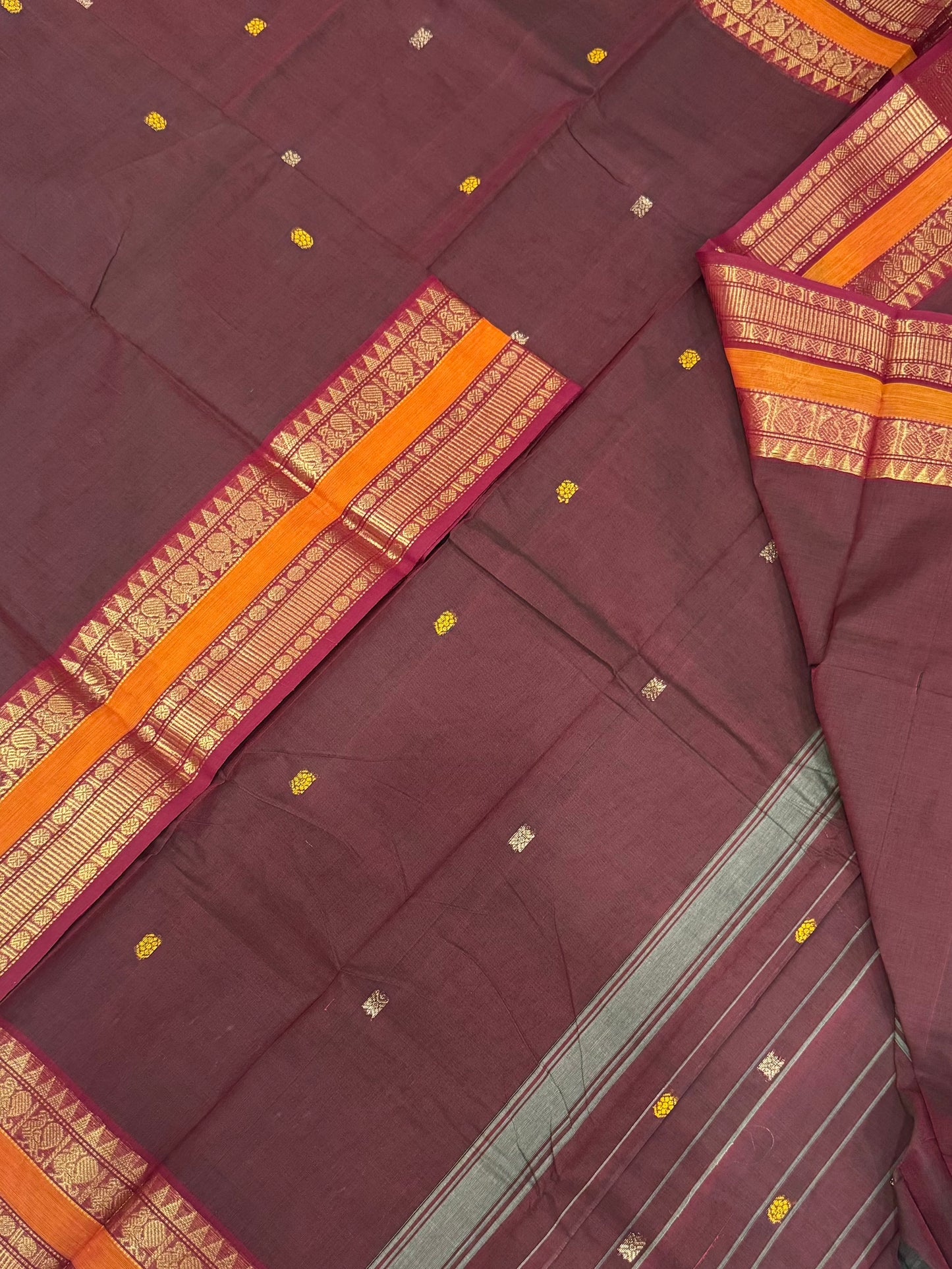 Kanchi soft cotton | twotone brown x orange X red | rettaipet zari border