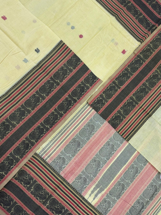 Pure Handloom Kanchi rich Cotton Saree | pastel yellow | intericate weave mayil border