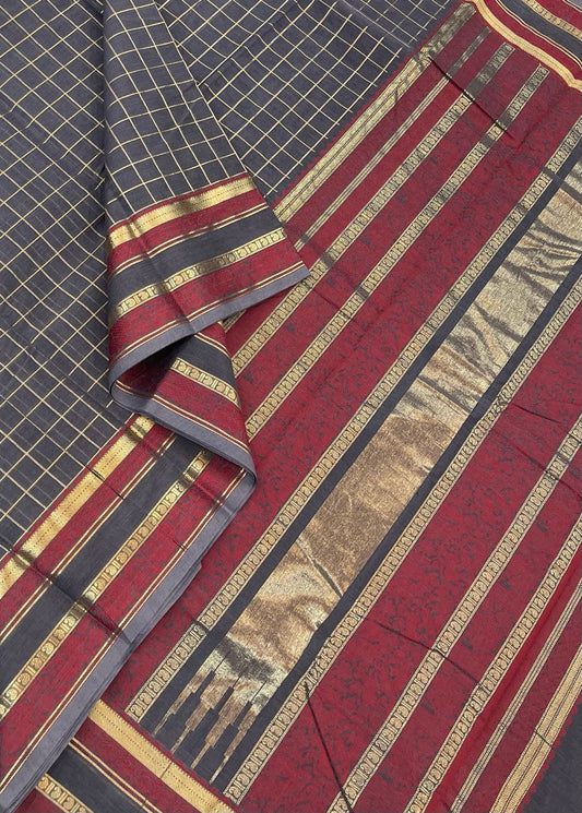 Kanchi handloom rich cotton | kattam Zari X mayil border | grey X red