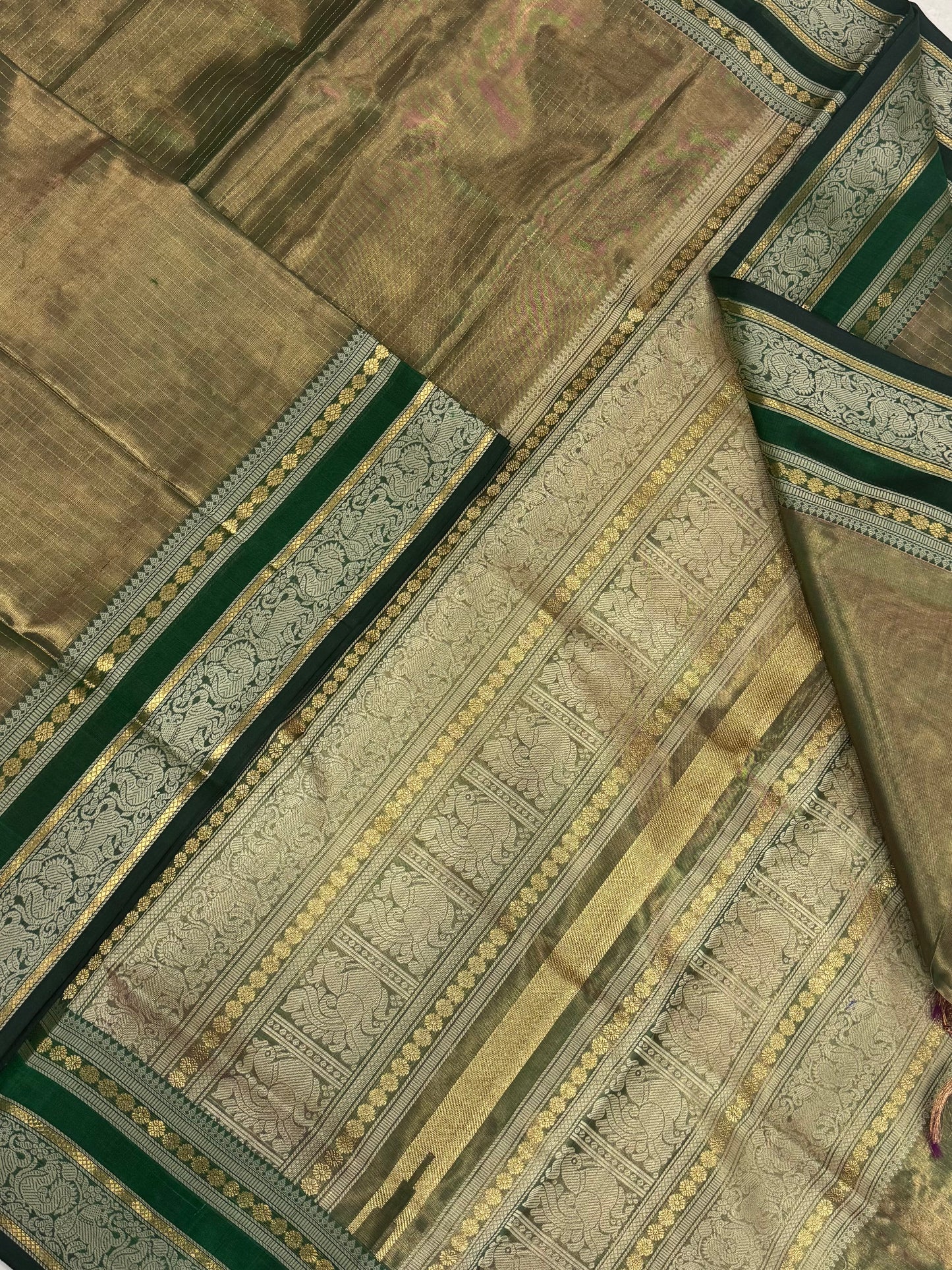 Kanchi Tissue Silk Cotton Sarees | vairaoosi X threads | shiny green x bottle green | NKV100