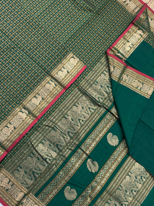 Pure Handloom Kanchi rich Cotton Saree | dark green X red | 1000 BUTTA x Zari