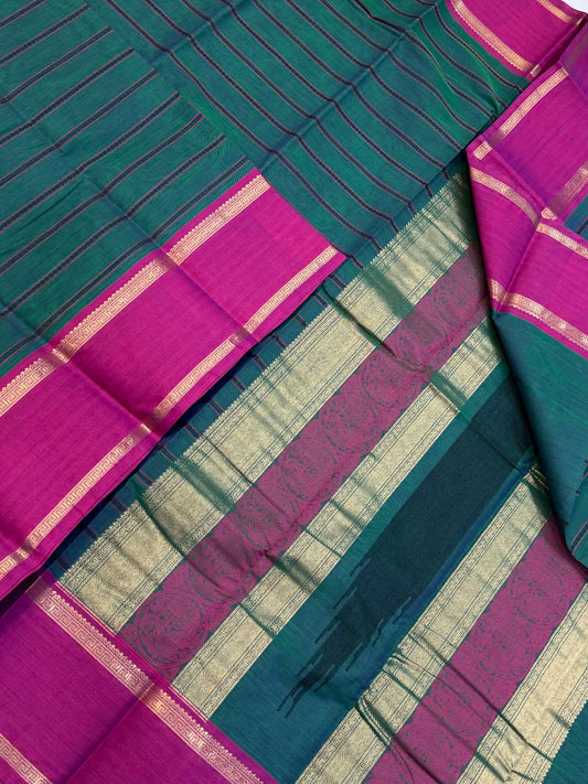 Pure Handloom Kanchi rich Cotton Saree | rettaipet Zari border X veldhari motif |cyan green x hot pink