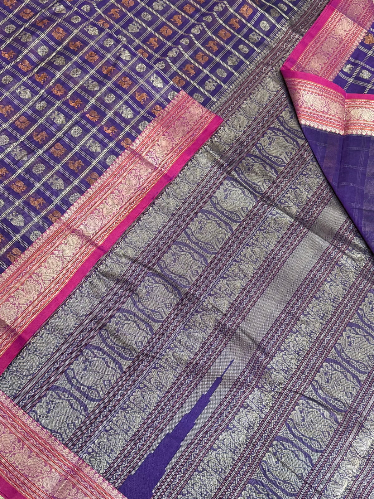 Pure Handloom Kanchi rich Cotton Saree | thread border x 1000 butta | violet x pink