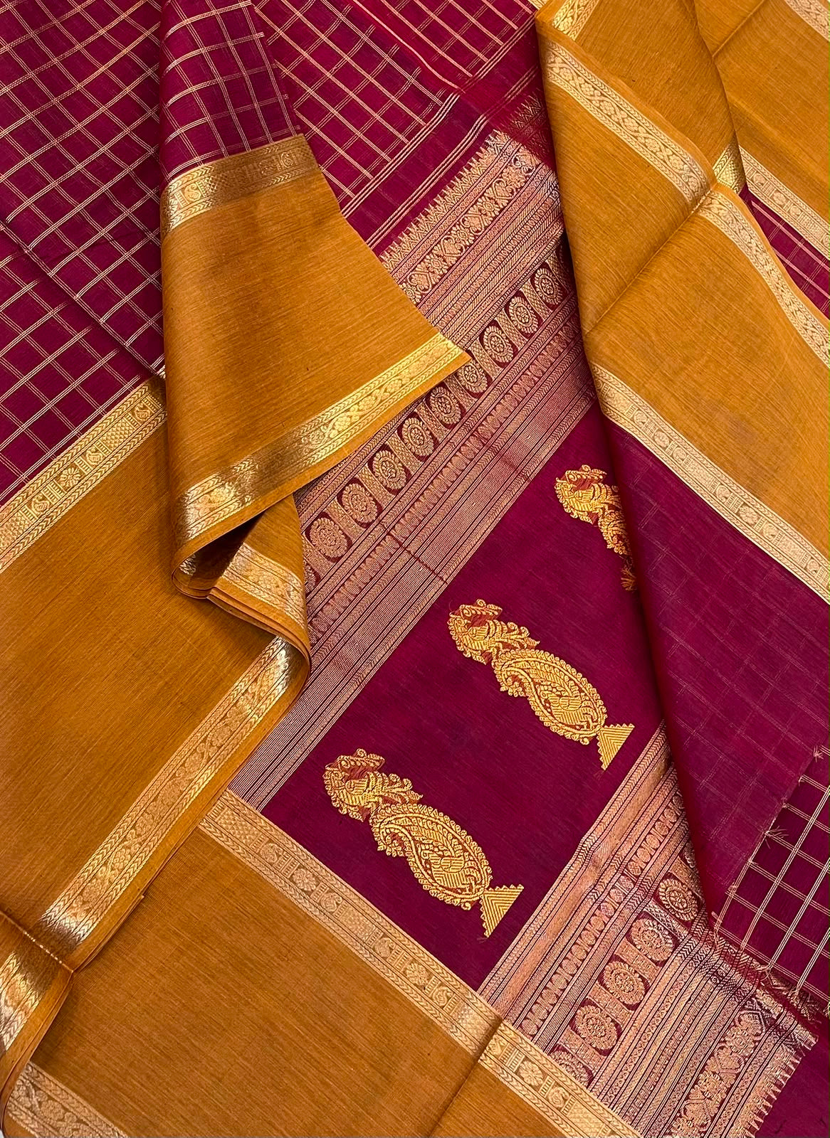 Kanchi Silk Cotton Sarees | zari kattam X rich zari killi pallu X zari rettaipet border | marron x manjal