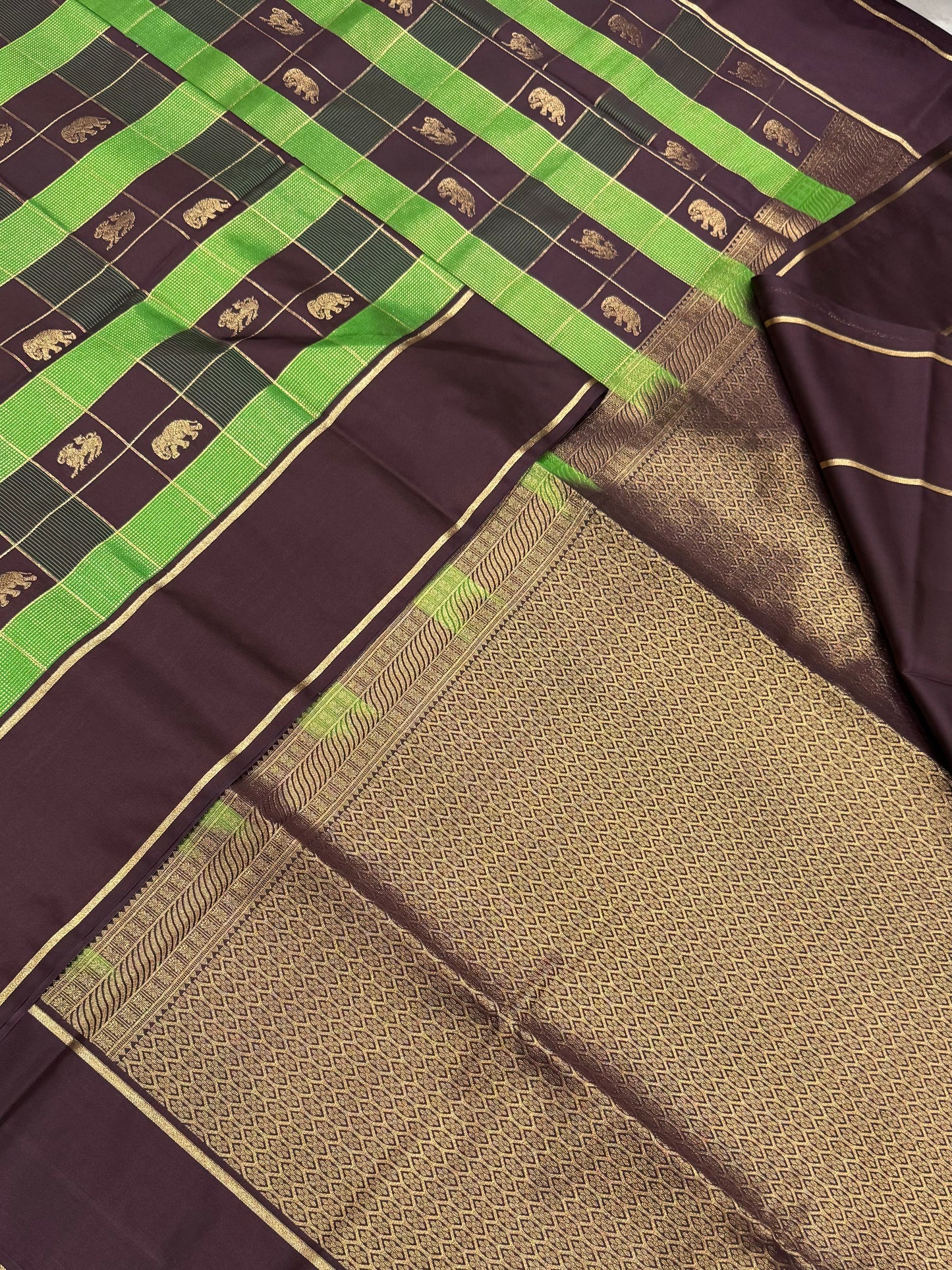 Vegan Silk Sarees Online | kattam X yhazli X Yaanai | green X brown