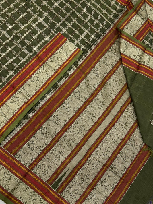 Pure Handloom Kanchi rich Cotton Saree | vintage thread border X thread kattam | green X red | intricate rich thread woven Pallu