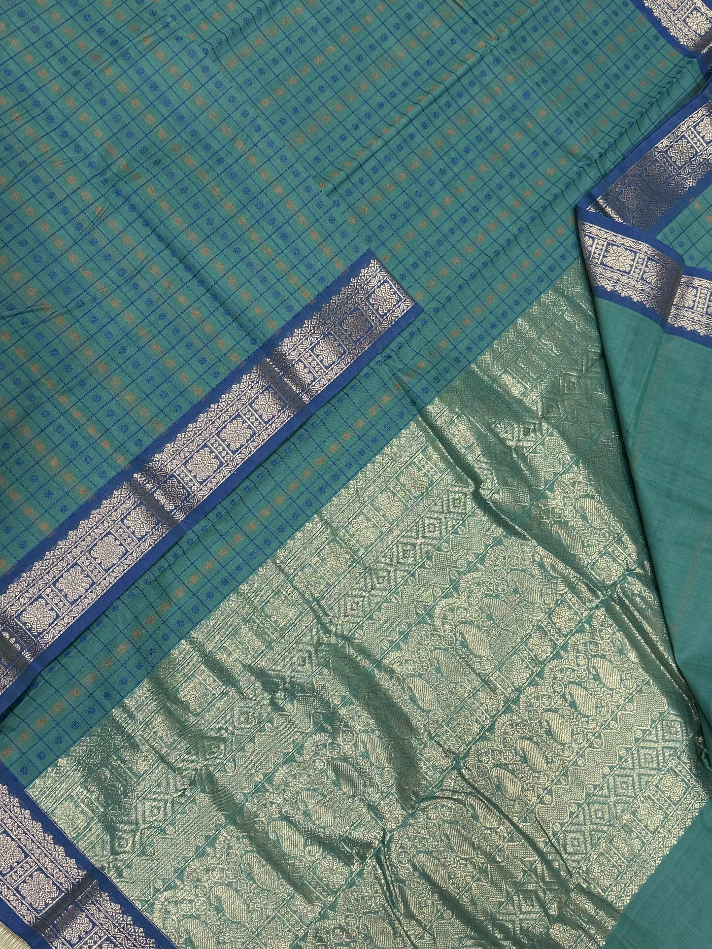 Pure Handloom Kanchi rich Cotton | thread woven X 100 BUTTA |aqua green X blue | intricate rich thread woven Pallu & borders