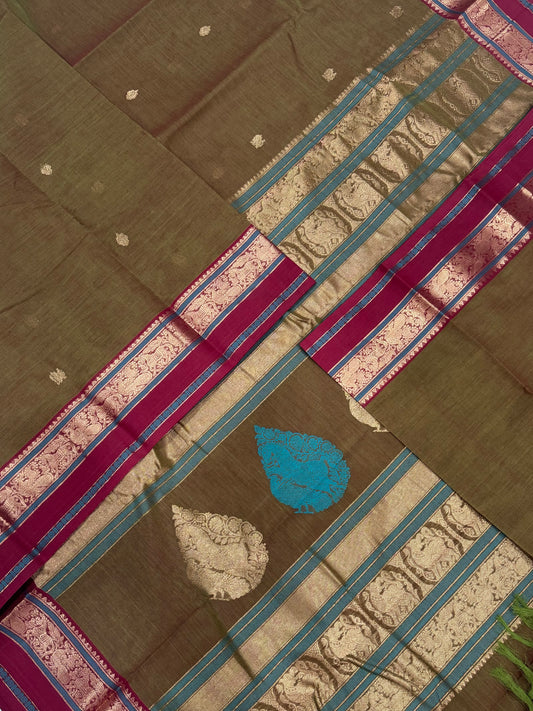 Pure Handloom Kanchi rich Cotton Saree | Zari woven mayil horse border X horse pallu |mustard X marron