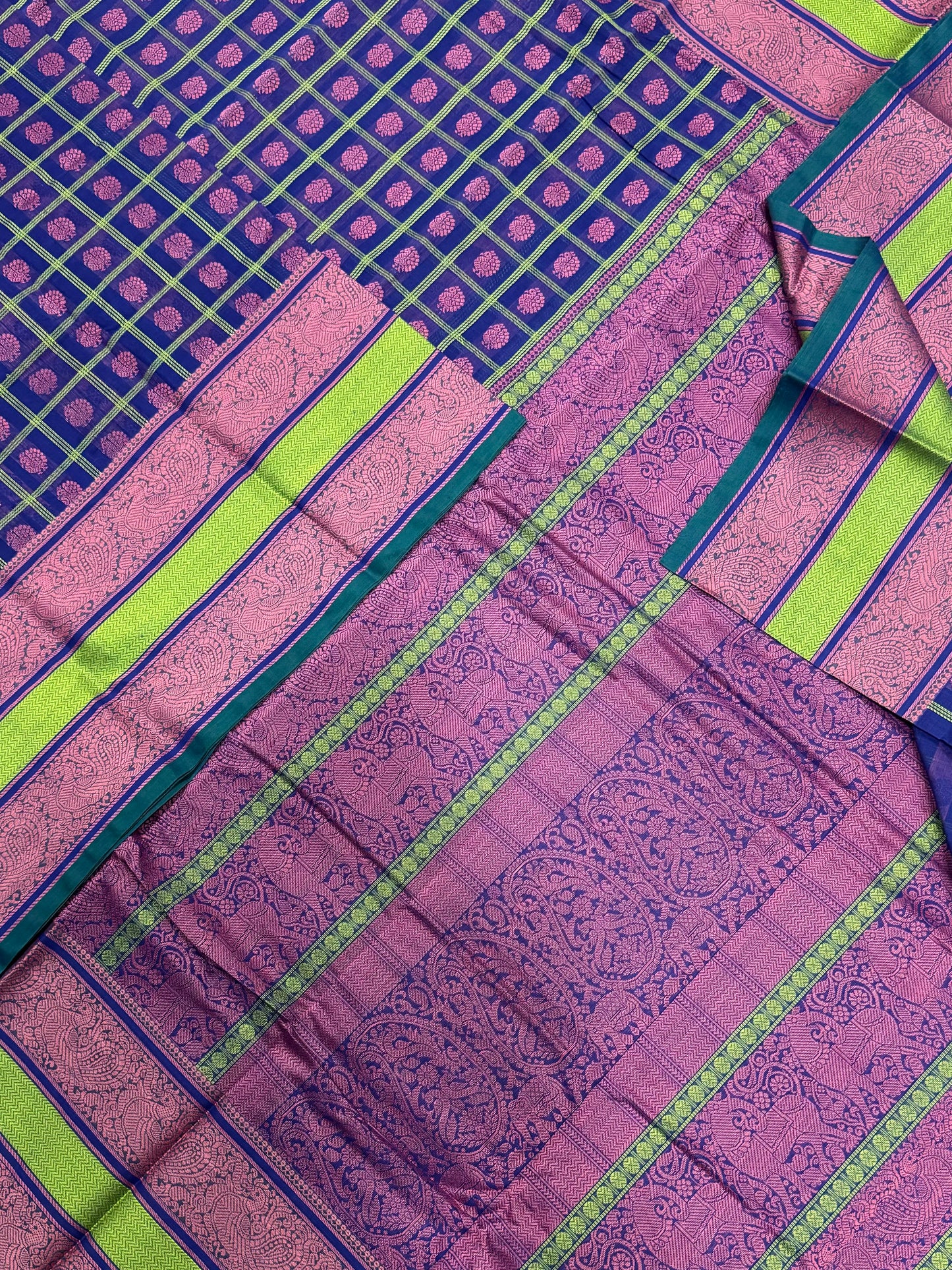 Kanchi handloom rich cotton |1000 BUTTA X thread rettaipet border | blue x pink X neon green