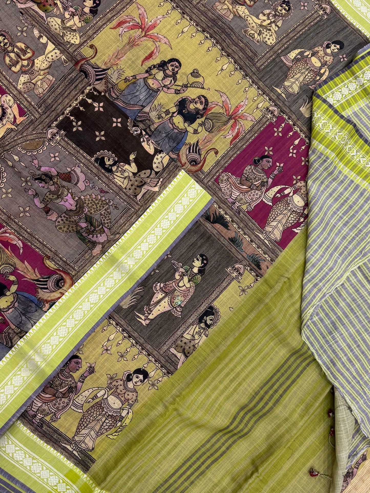 Ponduru feather soft cotton | story telling saree | brown x pink X green
