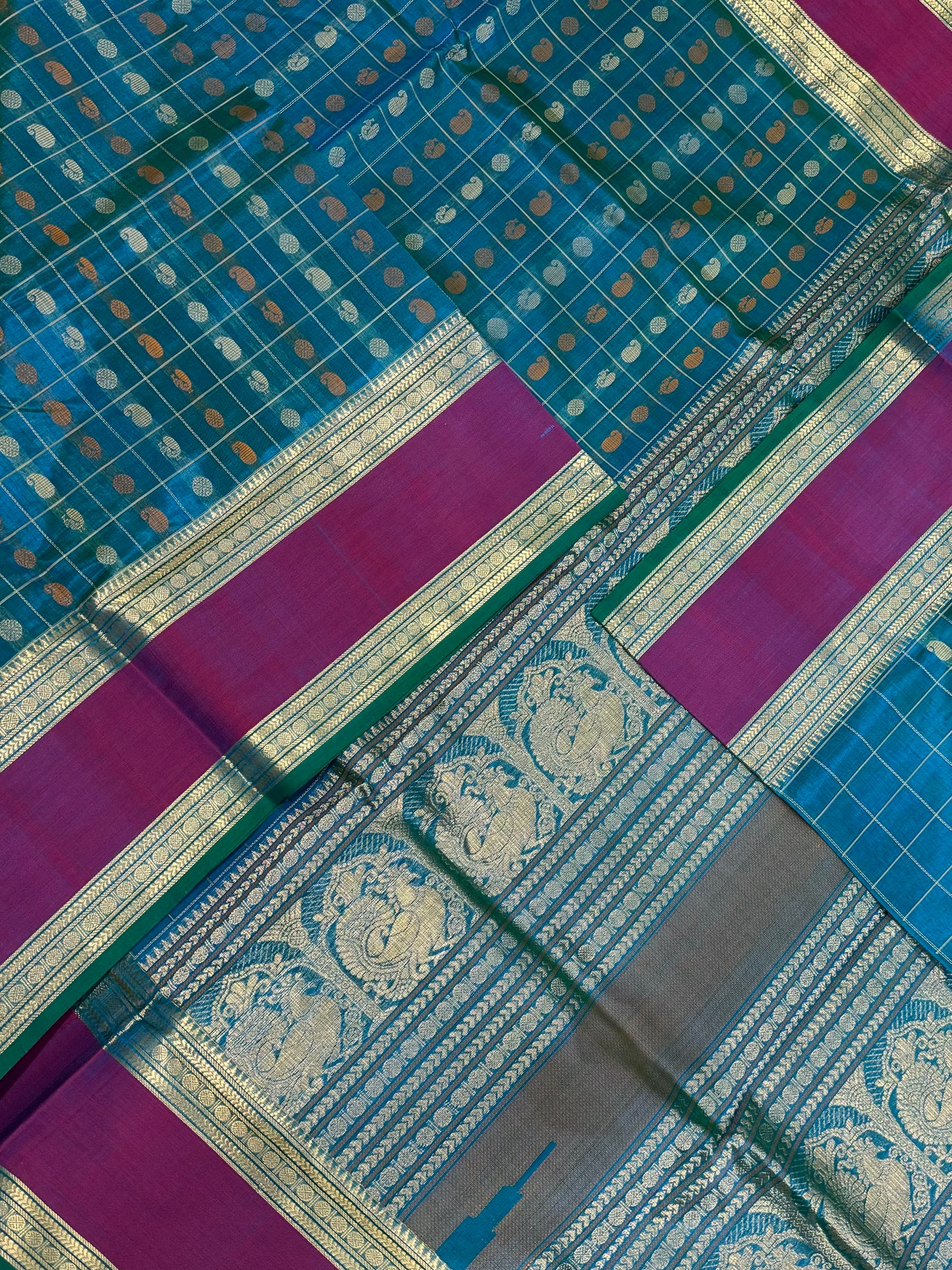 Kanchi Silk Cotton Sarees | 1000 mango motif | two tone blue x rettaipet zari border | NKV20