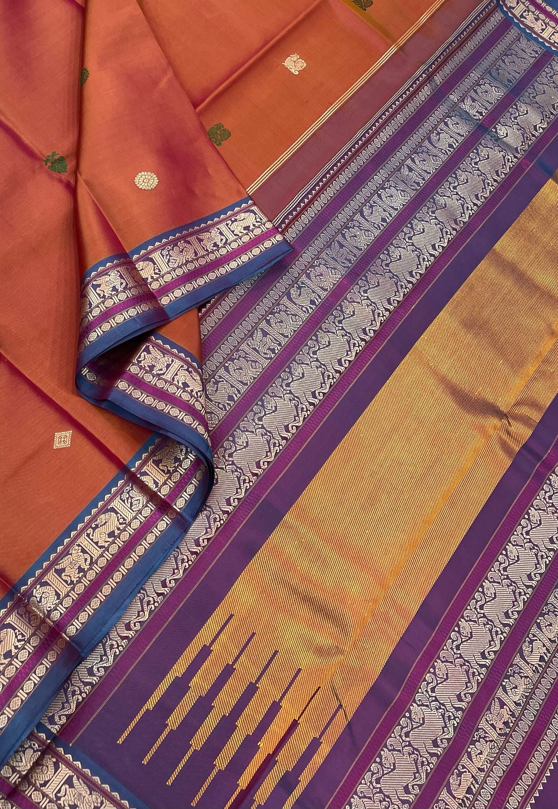 Pure Kanjivarams | zero zari | peache orange x twotone | Handwoven luxury x 4 ply master weave | NKV35
