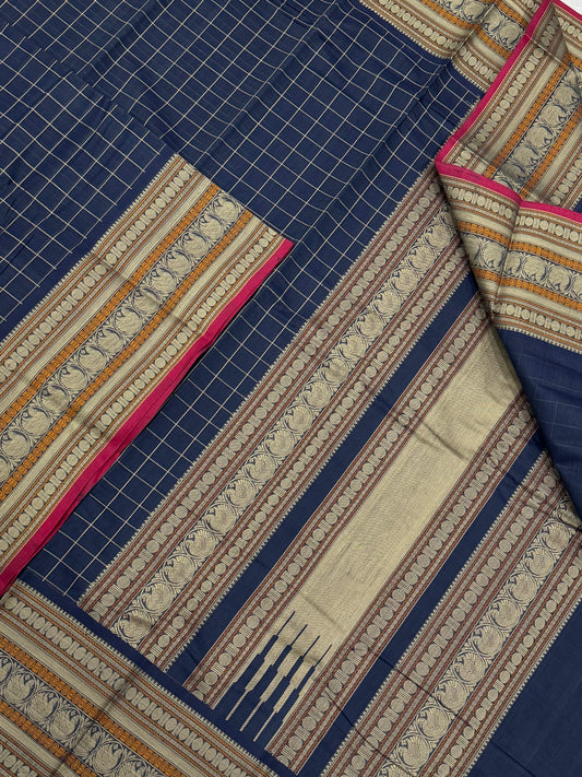 Pure Handloom Kanchi rich Cotton Saree | thread border X thread kattam | blue X red | rich thread woven Pallu