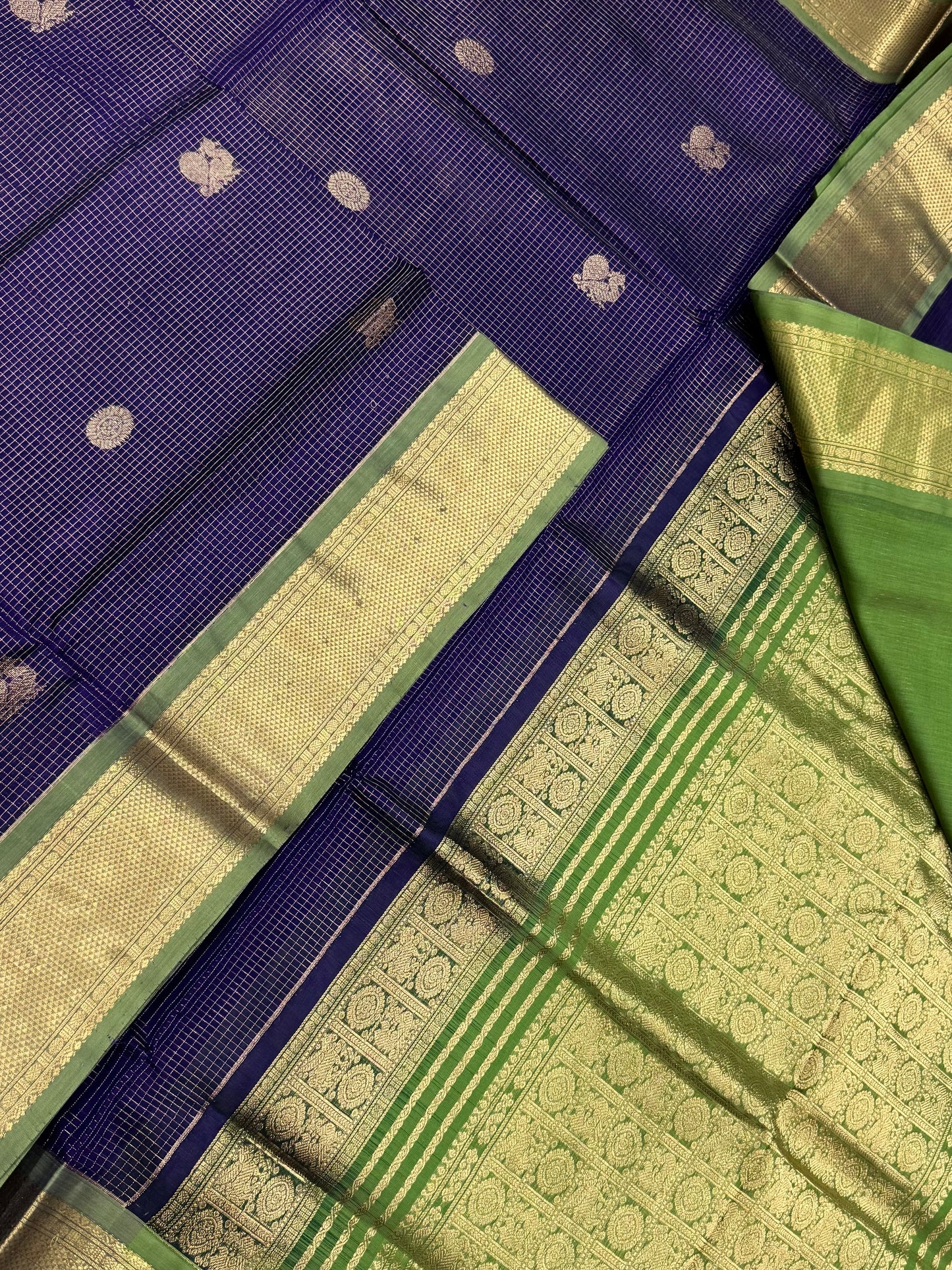 Kanchi Silk Cotton Sarees | luxury silk cotton | muthukattam x mayil chakram | brinjal x leaf green | NKV37