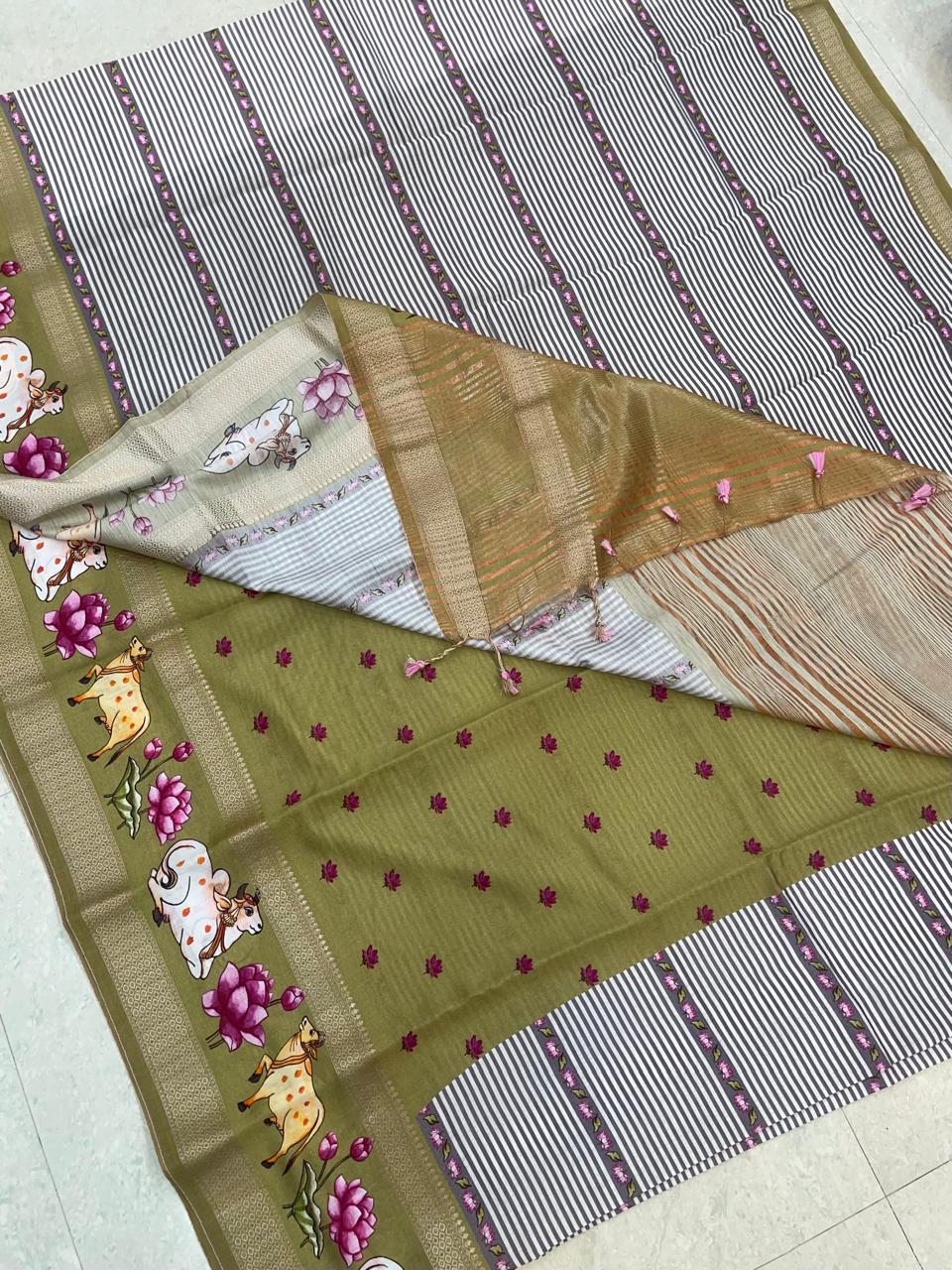 Premium Chanderi silk | pichwai lotus x zari border | earth green | NKV24