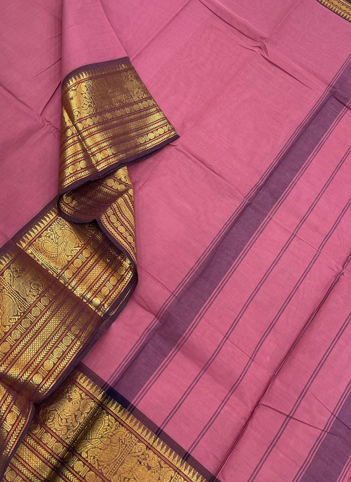 Kanchi soft cotton | pink x dark brown | yhazli Zari border