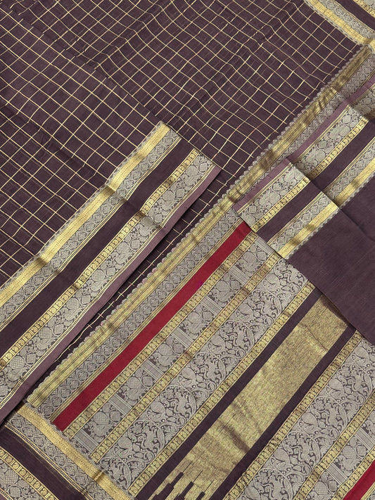 Kanchi handloom rich cotton |kattam X yaanai mayil border | light brown x zari