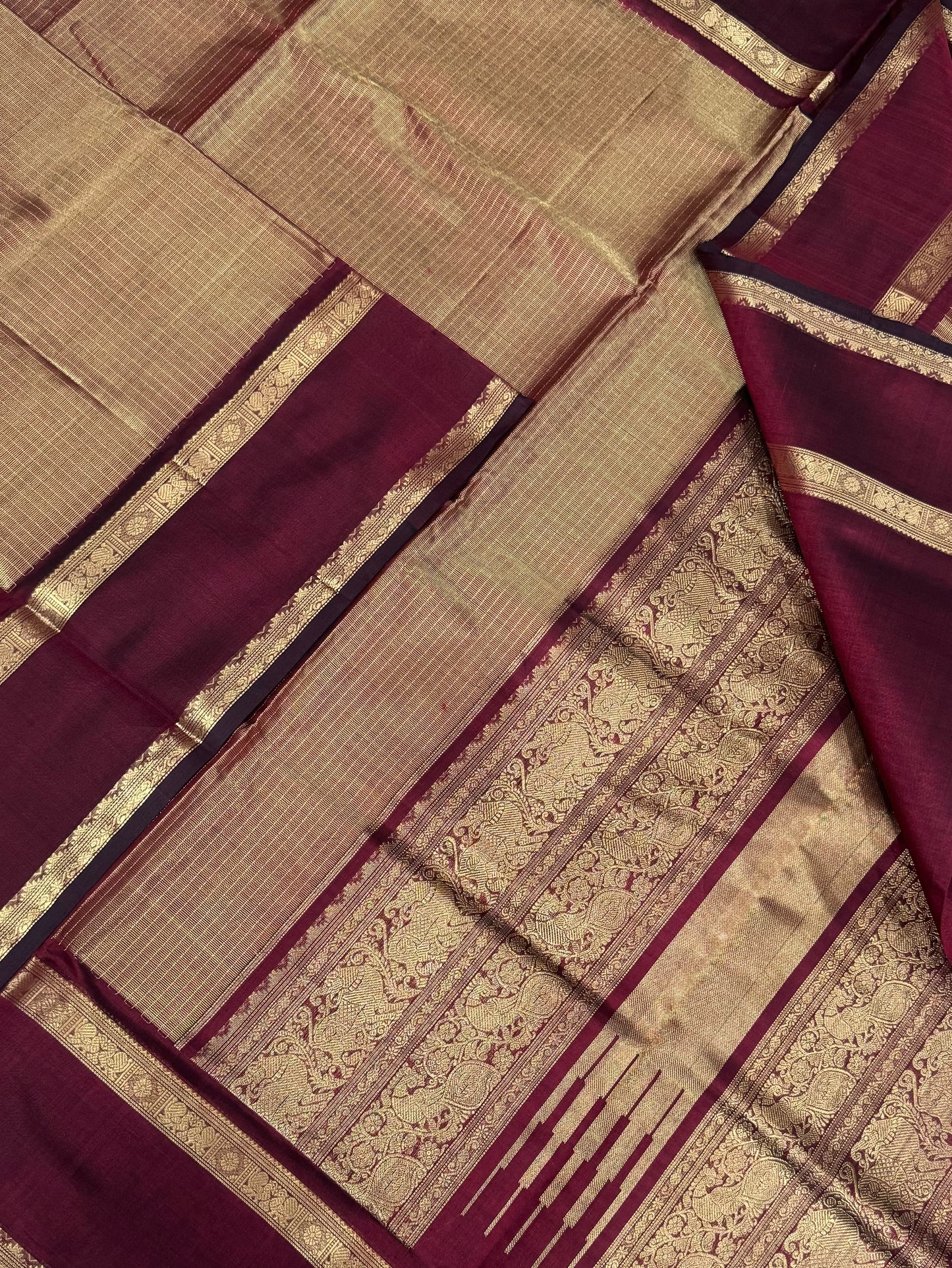 Kanchi Tissue Silk Cotton Sarees | gold X marron | NKV100