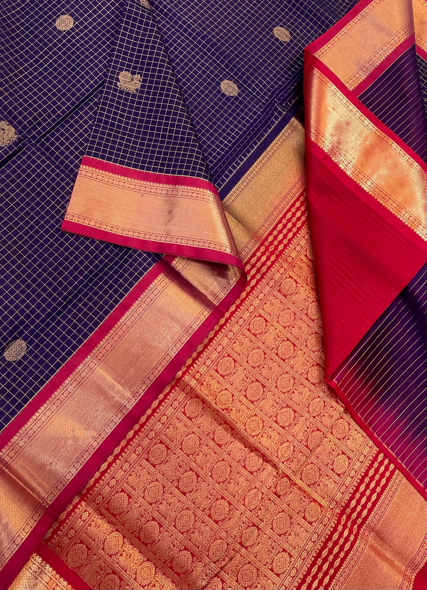 Kanchi Silk Cotton Sarees | luxury silk cotton | mayil chakram | dark violet blue X red NKV37