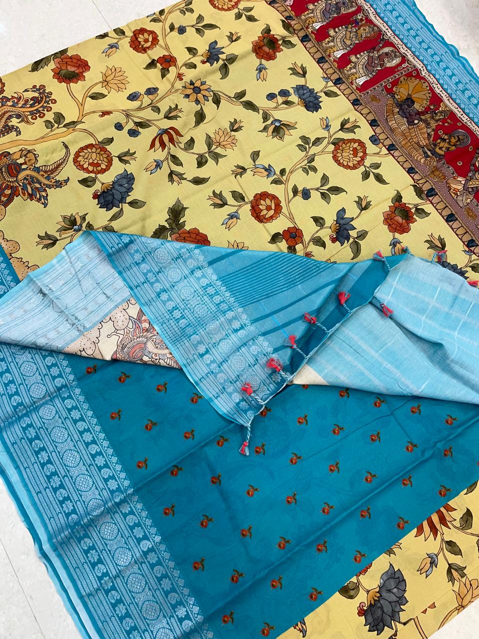 Ponduru soft Cotton silk | storytelling saree X floral| yellow X sky blue |NKV27