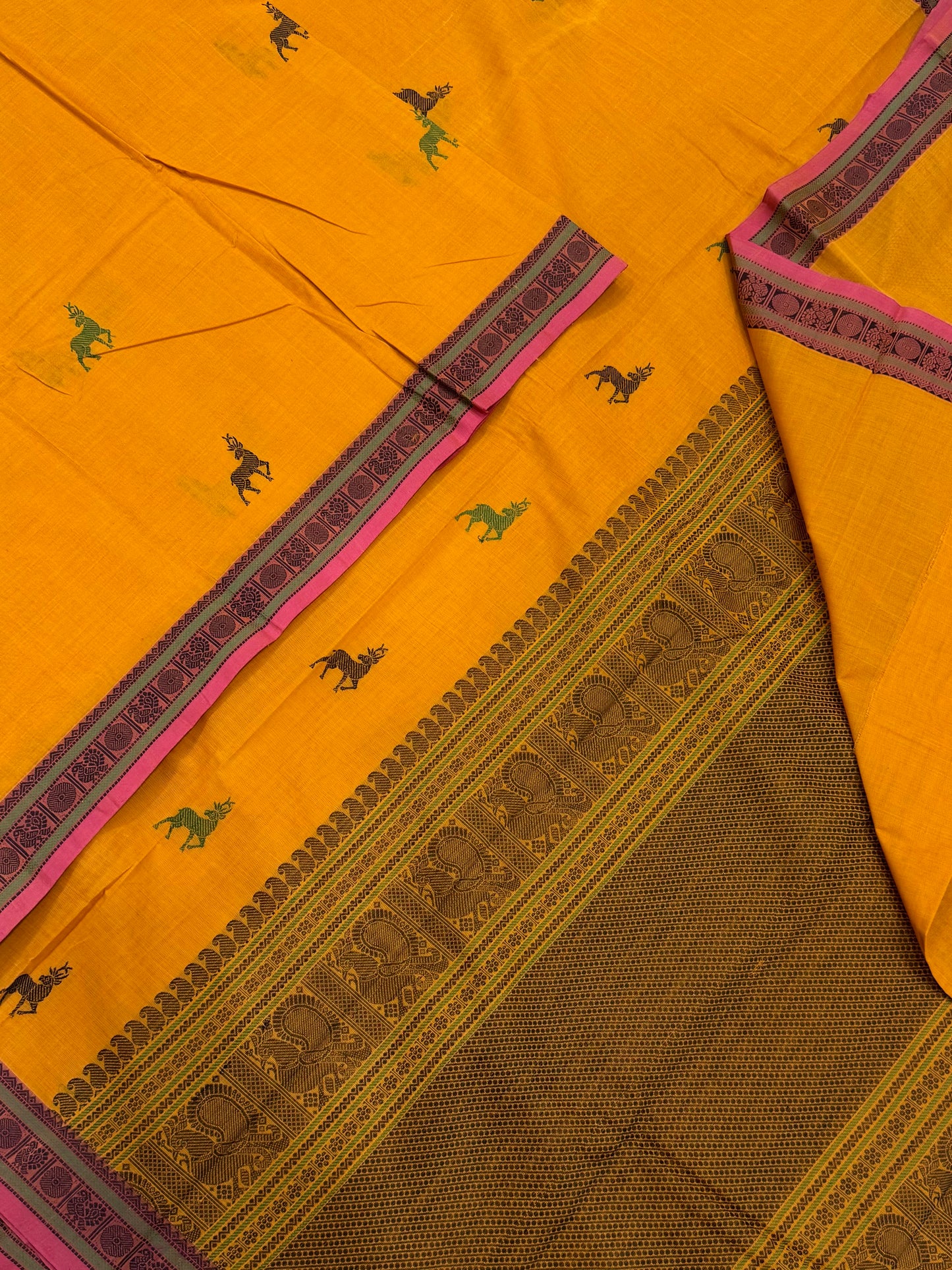 Pure Handloom Kanchi rich Cotton Saree | maan BUTTA X tiny thread border | Manjal X pink X green | intricate rich thread woven Pallu