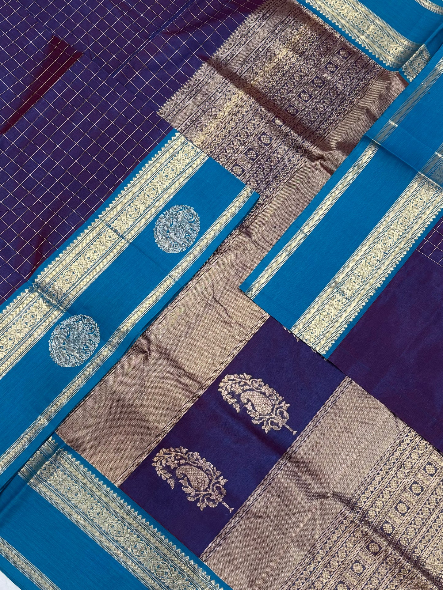 Kanchi Silk Cotton Sarees | kattam X yaanai mayil Zari border | navy blue x sky blue zari border | NKV20