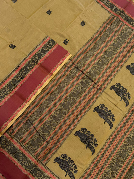 Pure Handloom Kanchi rich Cotton Saree | thread border X  parrot border| beige X brick | intricate thread parrot woven Pallu