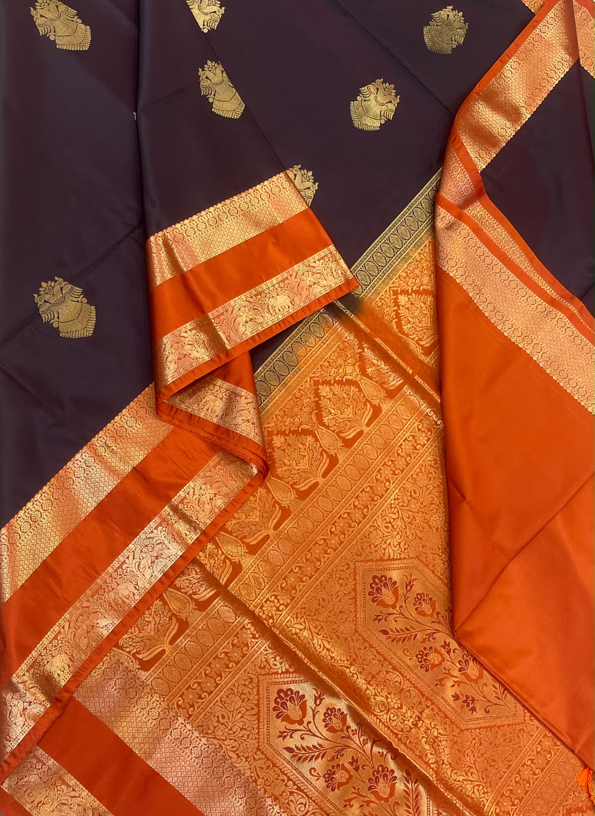 Vegan Silk Sarees Online | coffe brown x orange 🧡| eruthalapakshi x rettaipet border