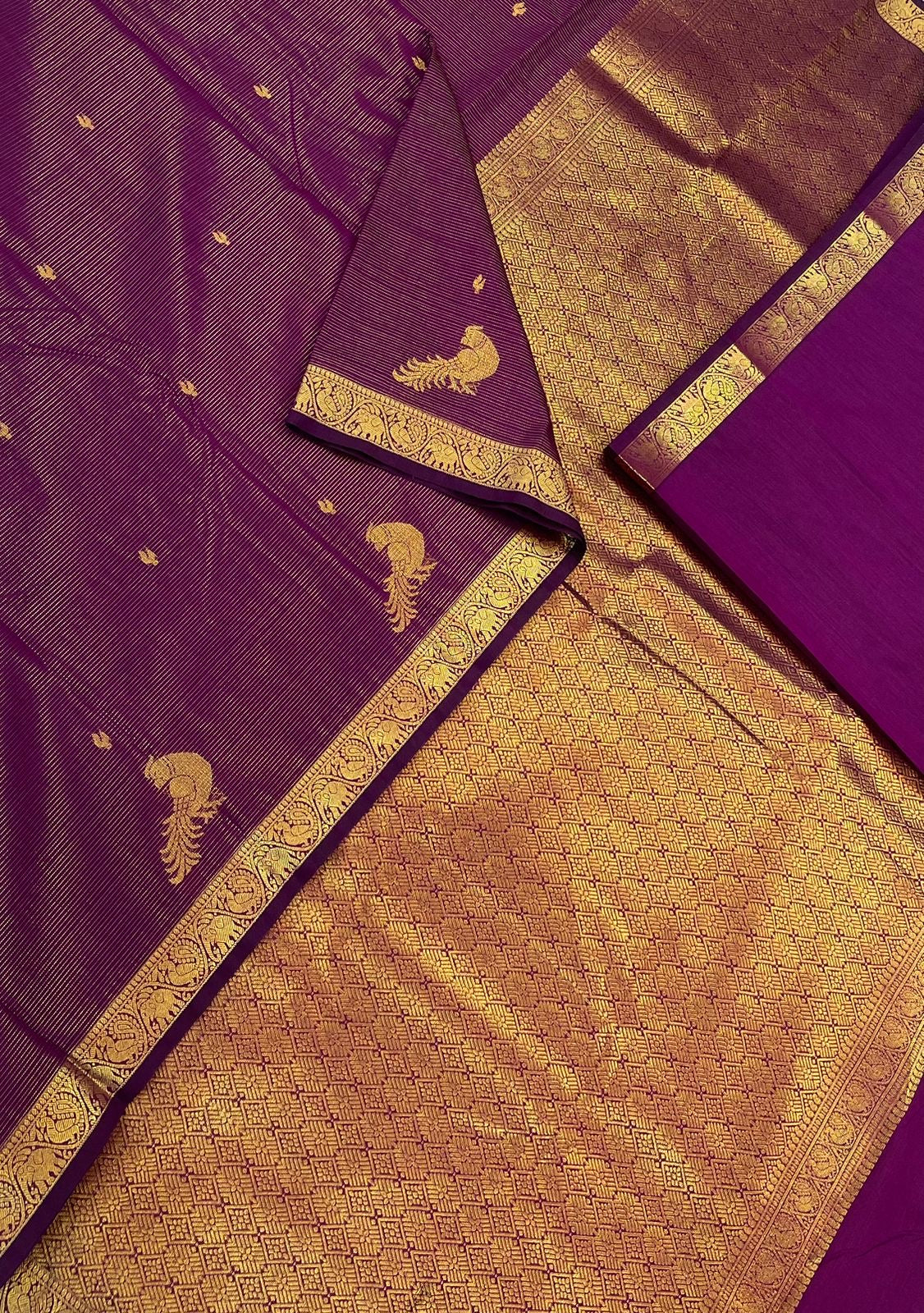 Semi Silk soft Cotton Sarees | vairaoosi X parrot x tiny zari border | violet X gold | NKV11