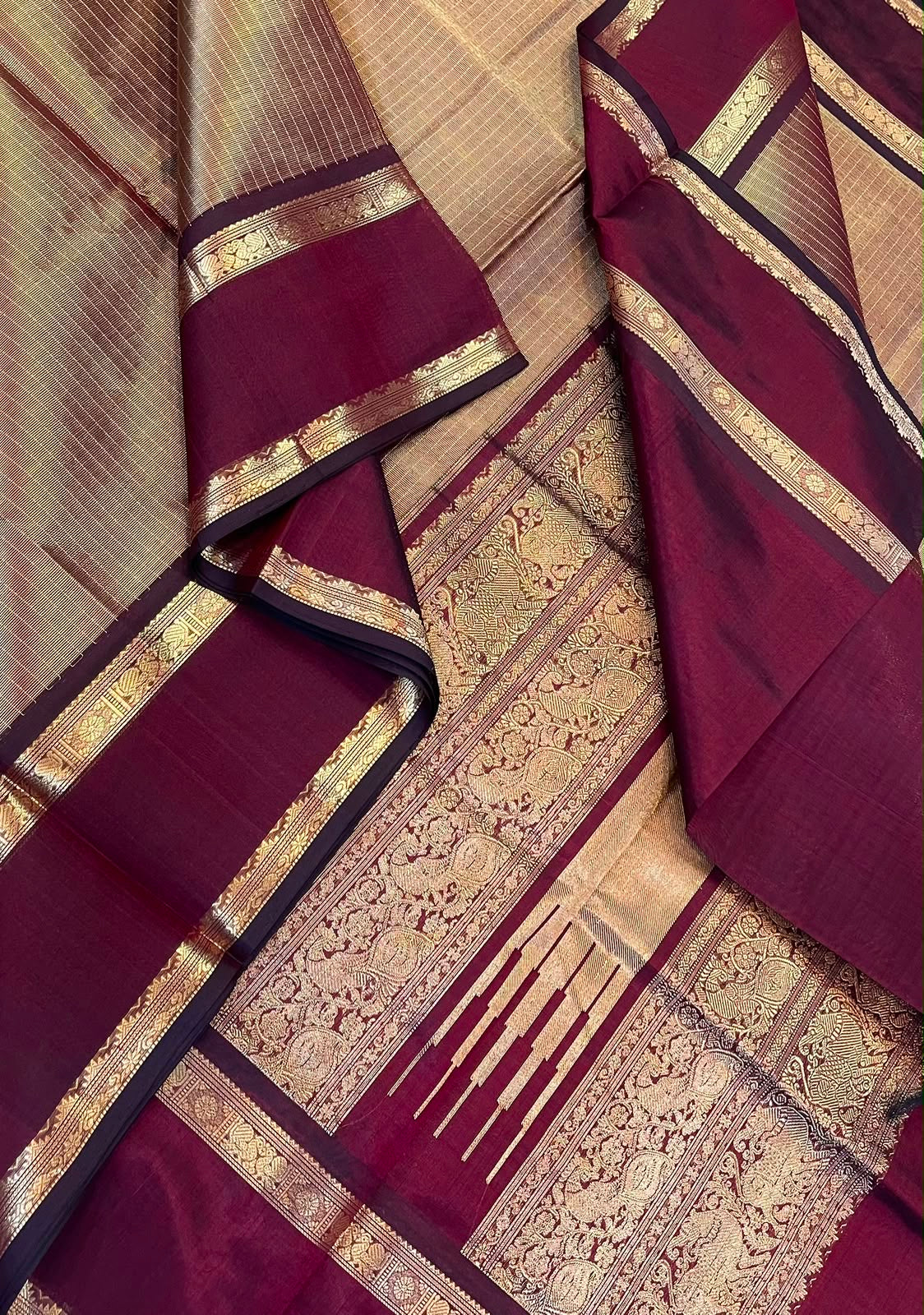 Kanchi Silk Cotton Sarees | luxury silk cotton | OOSI vanam X rettaipet border | gold X marron