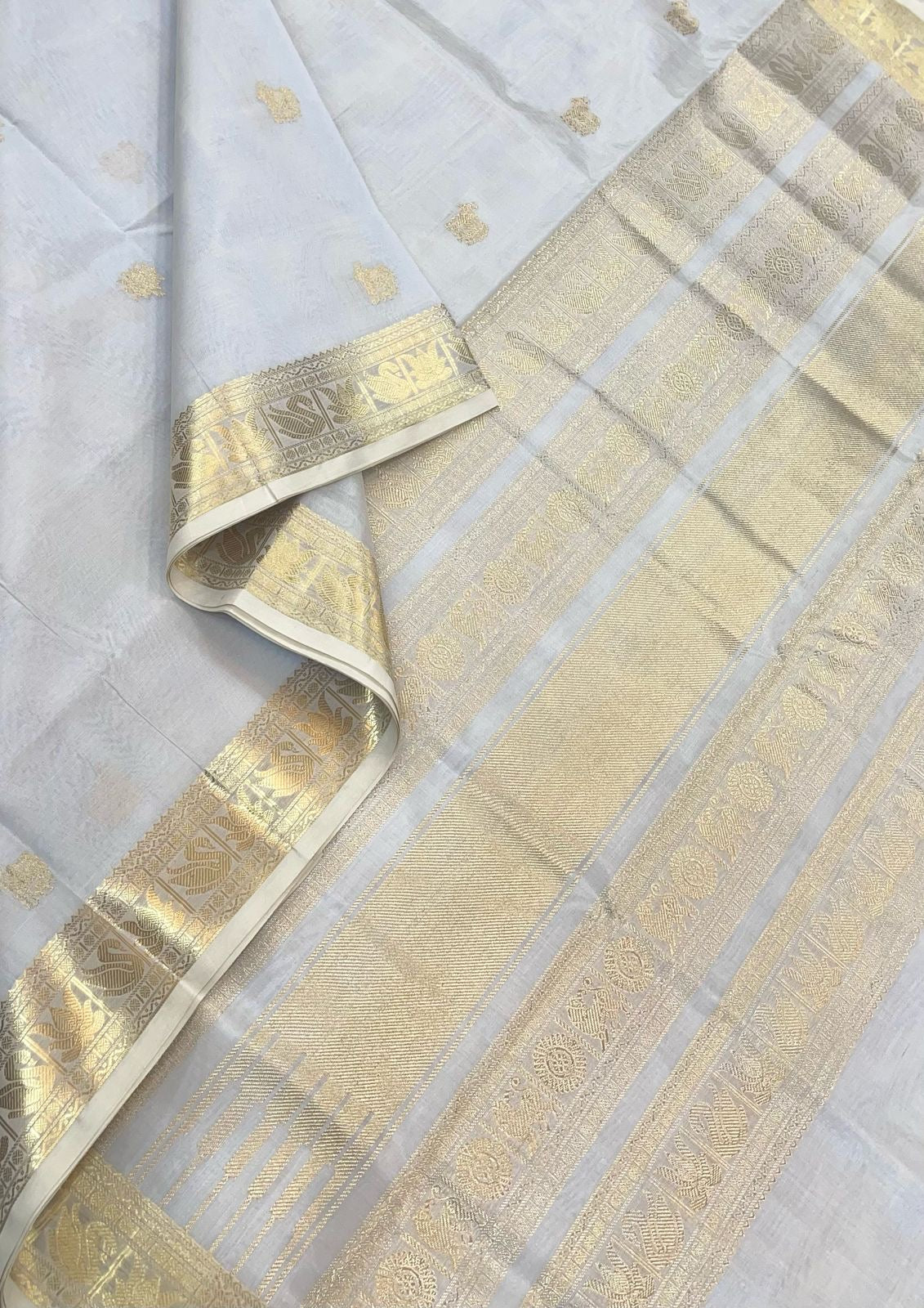 Kanchi Silk Cotton Sarees | silk cotton | lotus x gomatha motif X pearl white X gold | small border