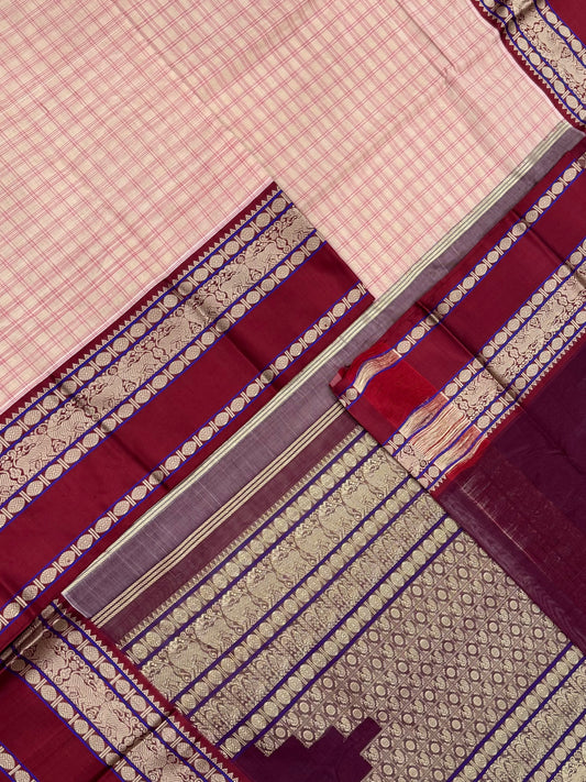 Pure Handloom Kanchi rich Cotton Saree | korvai cotton body x pure silk border & Pallu | pastel pink kattam x marron | NKV12