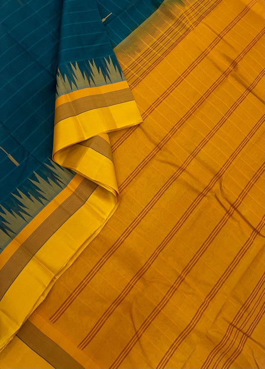 Pure Handloom Kanchi rich Cotton Saree | cotton body X silk border | cyan green x manjal | temple border | NKV12