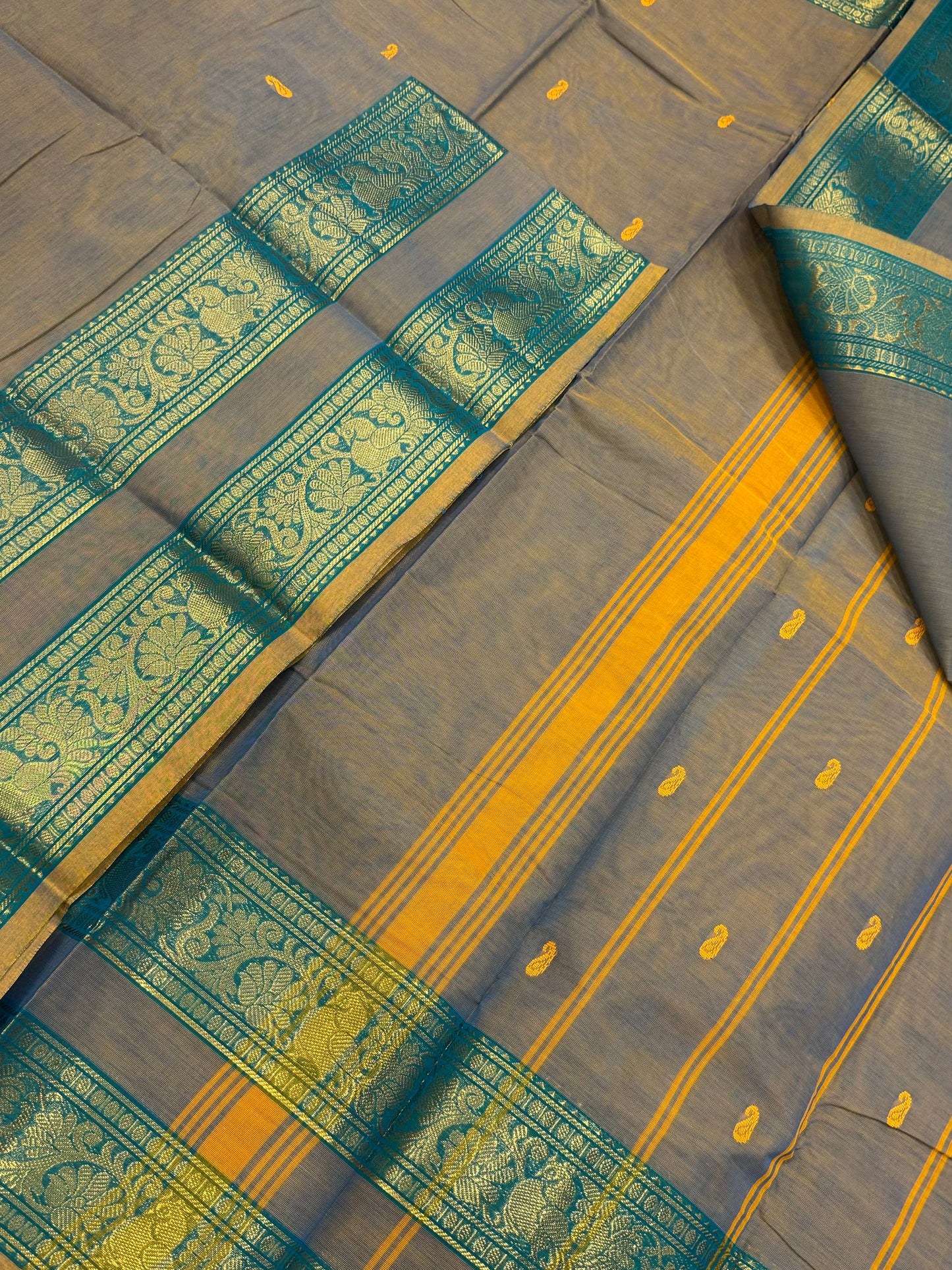Kanchi soft cotton | two tone grey X teal | rich rettaipet Zari border