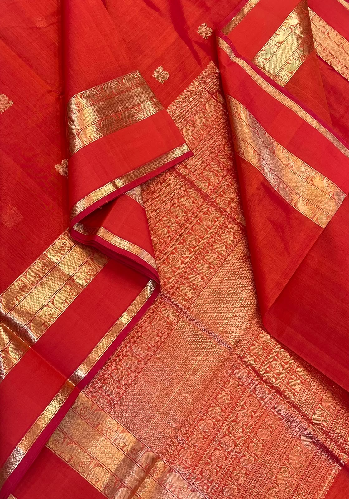 Kanchi Silk Cotton Sarees | luxury silk cotton | mayil motif | orange X gold