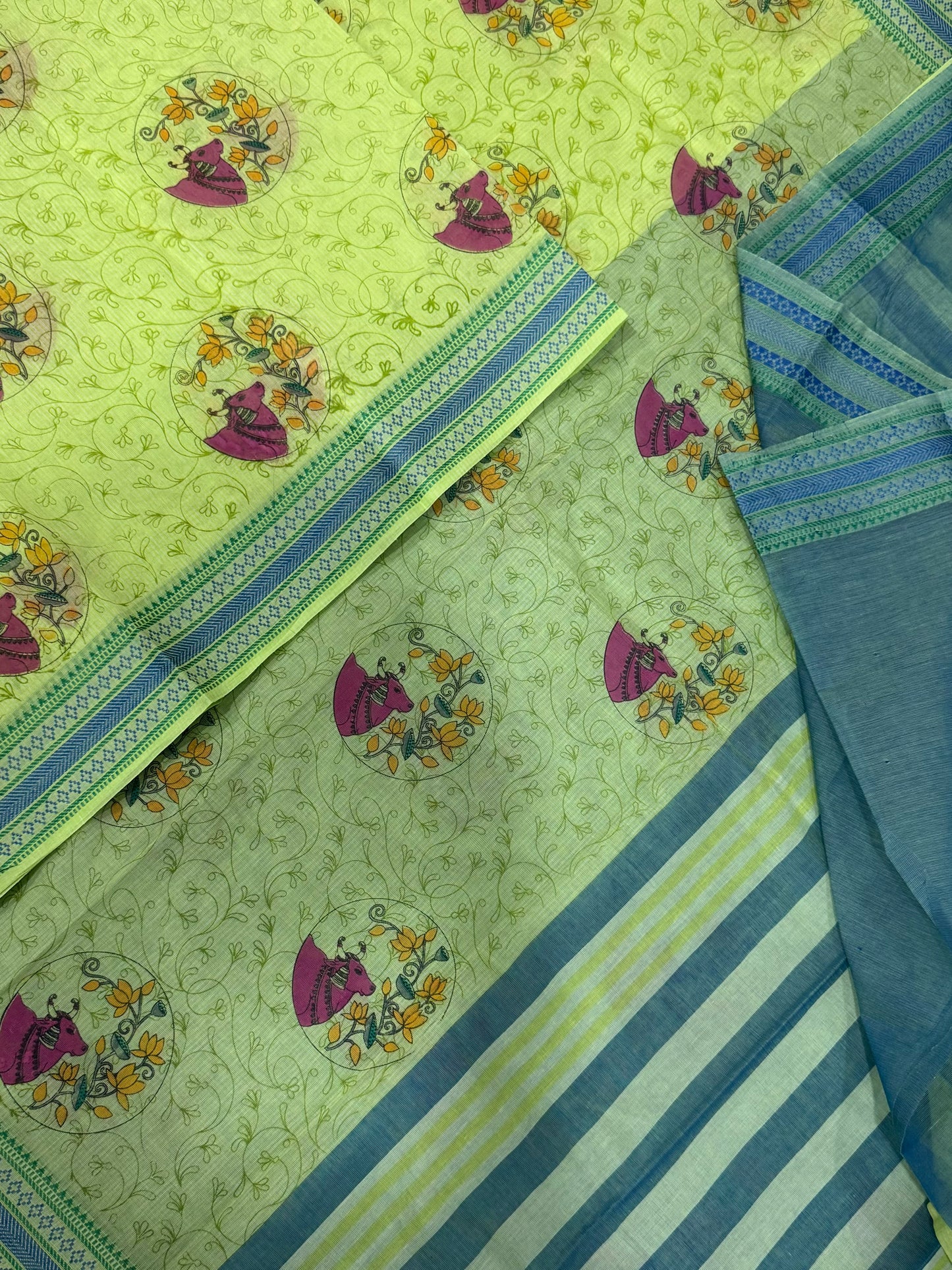Kadhi soft Cotton | leaf green X blue | thread border X pichwai