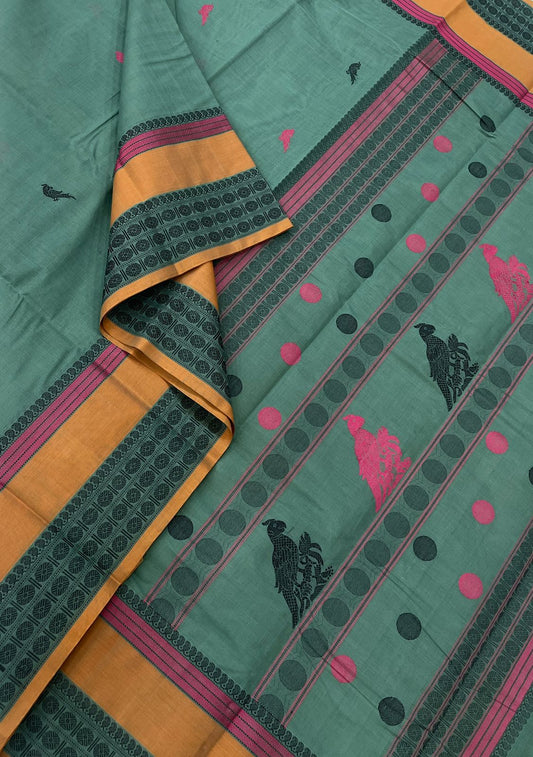 Pure Handloom Kanchi rich Cotton Saree | Kalakshetra killi |teal x mustard pink