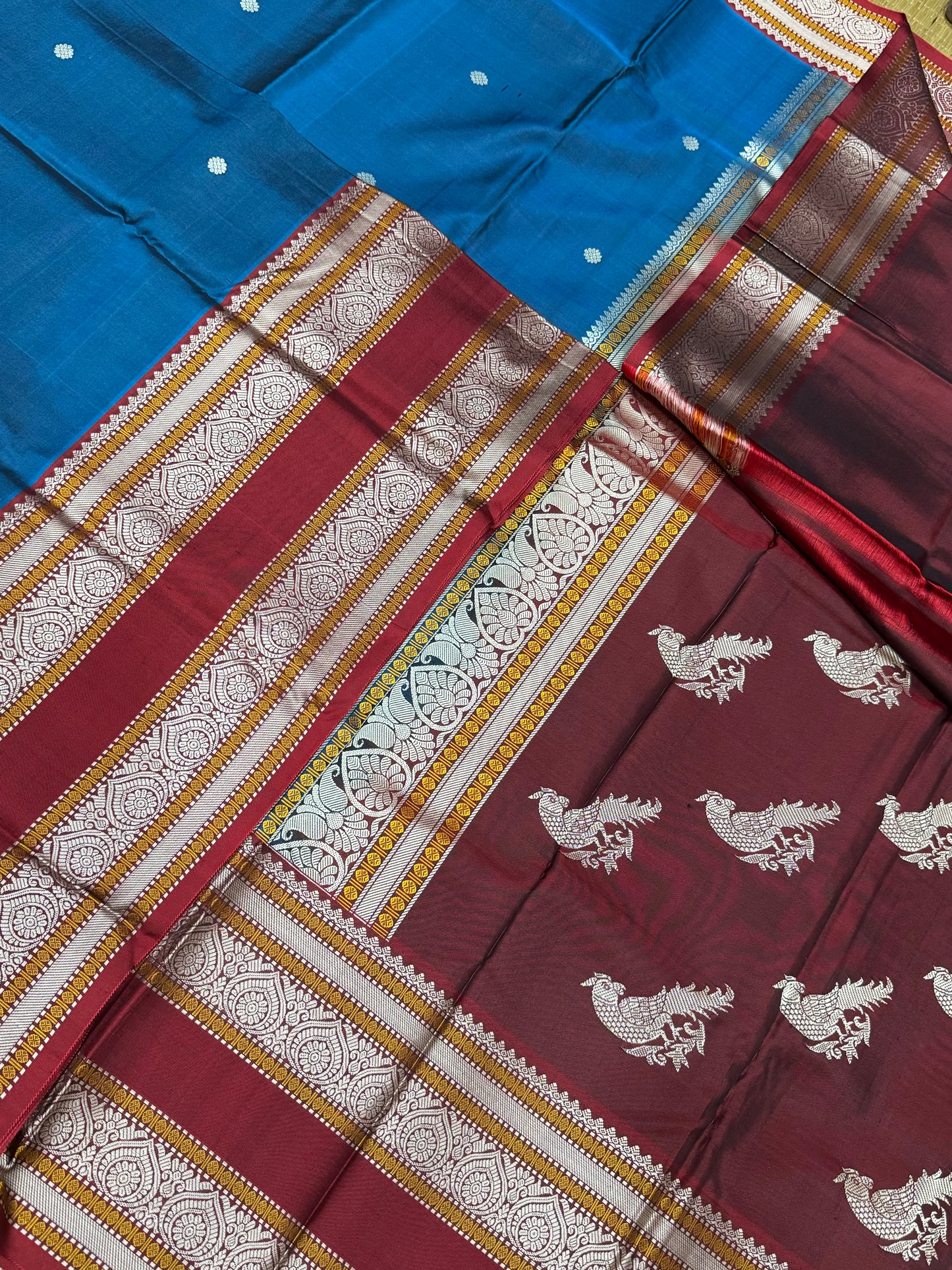 Pure Kanjivarams | blue X red X mayil pallu| Handwoven luxury x 4 ply | zero Zari